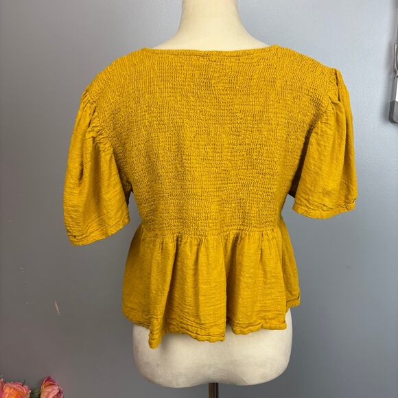 Earthbound 100% Cotton Mustard Yellow Smocked Ruffle Crop Puff Sleeve X Large - Picture 2 of 7